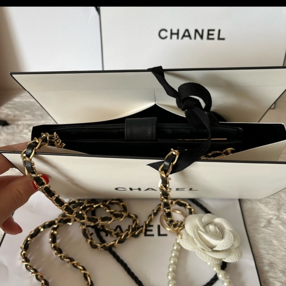 CHANEL Handbags - RESERVED Designer CHANEL Caviar Leather with CC Logo Long Wallet on Chain